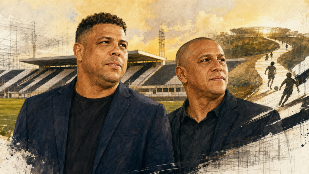 Ilustração de Ronaldo Fenômeno e Roberto Carlos no projeto da SAF da Inter de Limeira