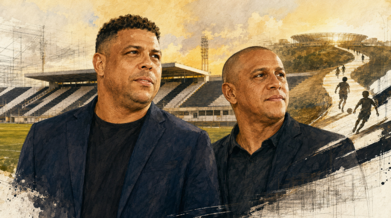 Ilustração de Ronaldo Fenômeno e Roberto Carlos no projeto da SAF da Inter de Limeira