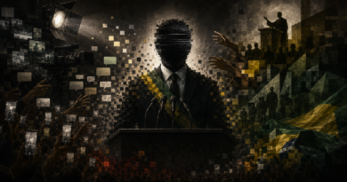 Ilustração de presidente sem rosto construído por televisão, redes sociais, religião, militares e uma multidão