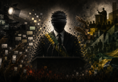 Ilustração de presidente sem rosto construído por televisão, redes sociais, religião, militares e uma multidão
