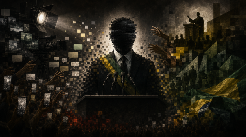 Ilustração de presidente sem rosto construído por televisão, redes sociais, religião, militares e uma multidão