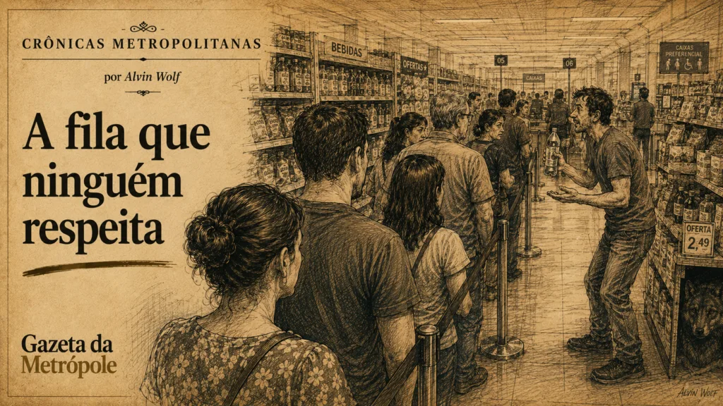 Ilustração da crônica A fila que ninguém respeita, de Alvin Wolf, sobre comportamentos em uma fila de supermercado
