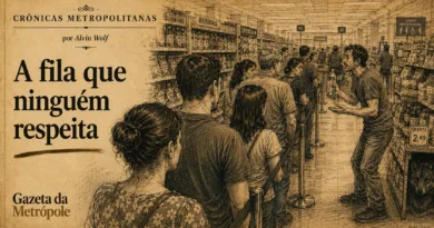 Ilustração da crônica A fila que ninguém respeita, de Alvin Wolf, sobre comportamentos em uma fila de supermercado