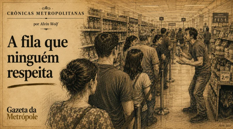 Ilustração da crônica A fila que ninguém respeita, de Alvin Wolf, sobre comportamentos em uma fila de supermercado