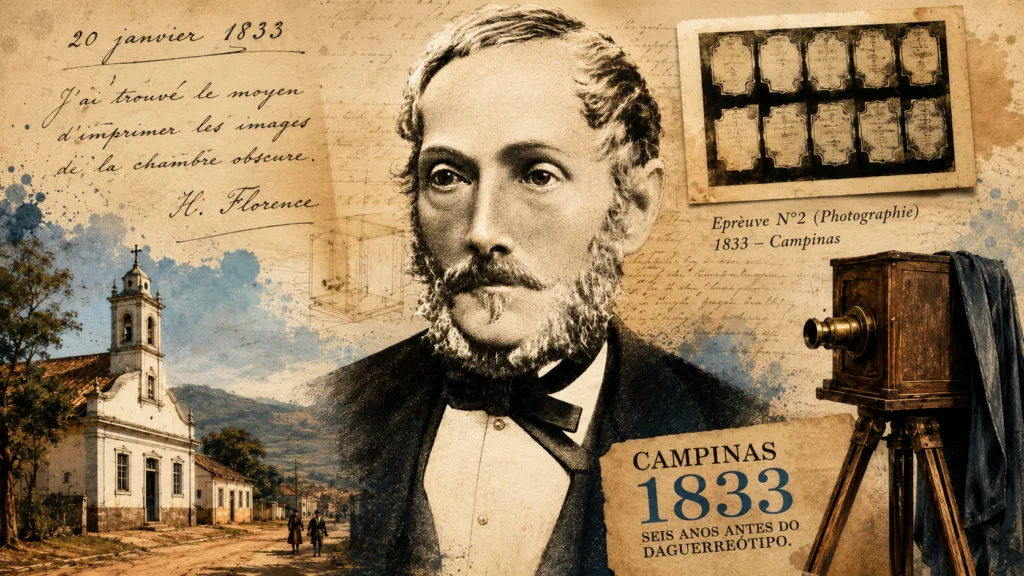 Ilustração editorial de Hercule Florence e seus experimentos fotográficos realizados em Campinas em 1833