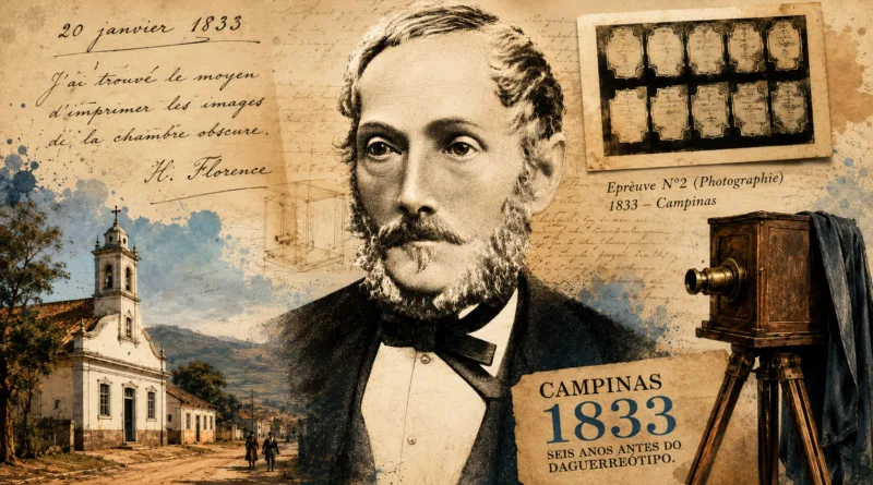 Ilustração editorial de Hercule Florence e seus experimentos fotográficos realizados em Campinas em 1833