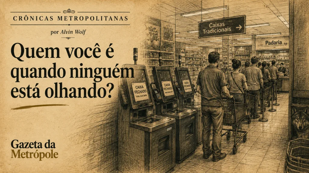 Caixas de autoatendimento fechados em supermercado enquanto clientes aguardam na fila
