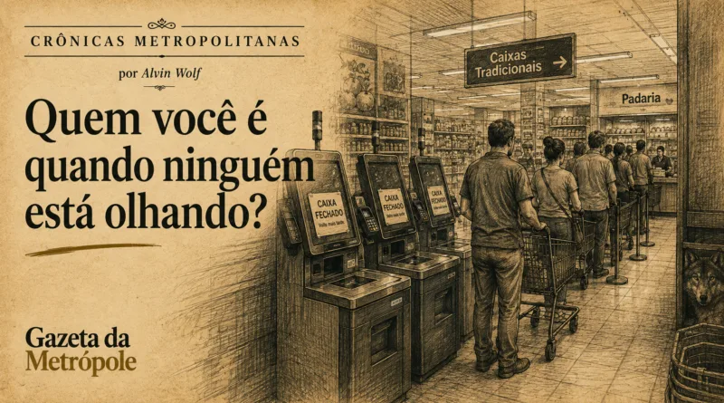 Caixas de autoatendimento fechados em supermercado enquanto clientes aguardam na fila