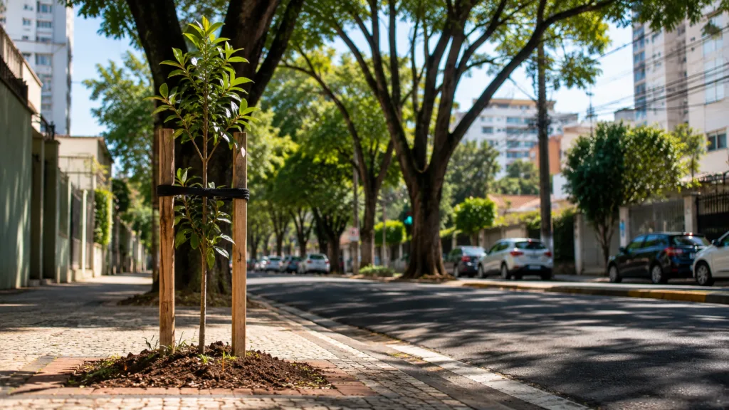 Muda de árvore plantada em calçada como parte da arborização urbana em Campinas