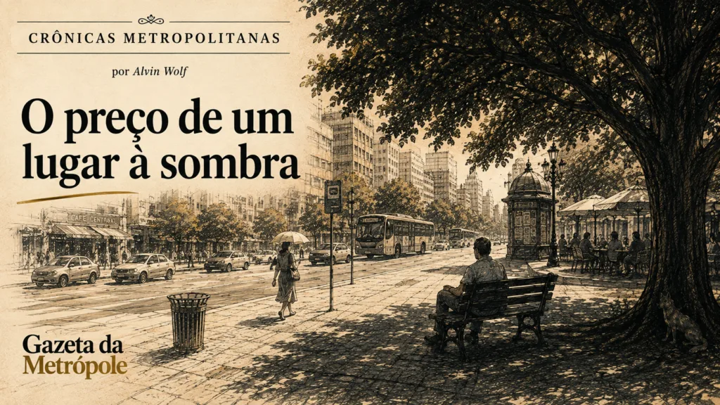Ilustração da crônica O preço de um lugar à sombra, com rua urbana, grande árvore e área sombreada
