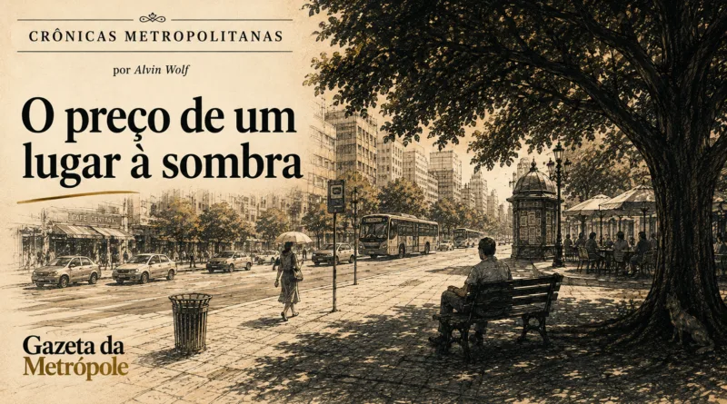 Ilustração da crônica O preço de um lugar à sombra, com rua urbana, grande árvore e área sombreada