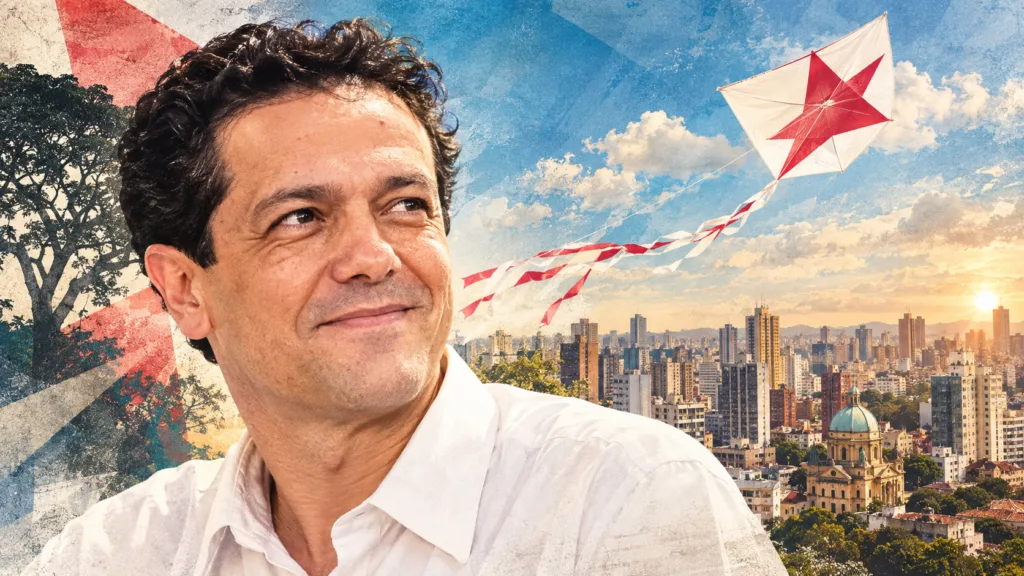 Ilustração editorial de Toninho com pipa sobre a paisagem urbana de Campinas