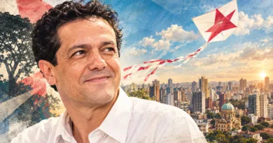 Ilustração editorial de Toninho com pipa sobre a paisagem urbana de Campinas
