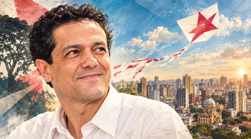 Ilustração editorial de Toninho com pipa sobre a paisagem urbana de Campinas