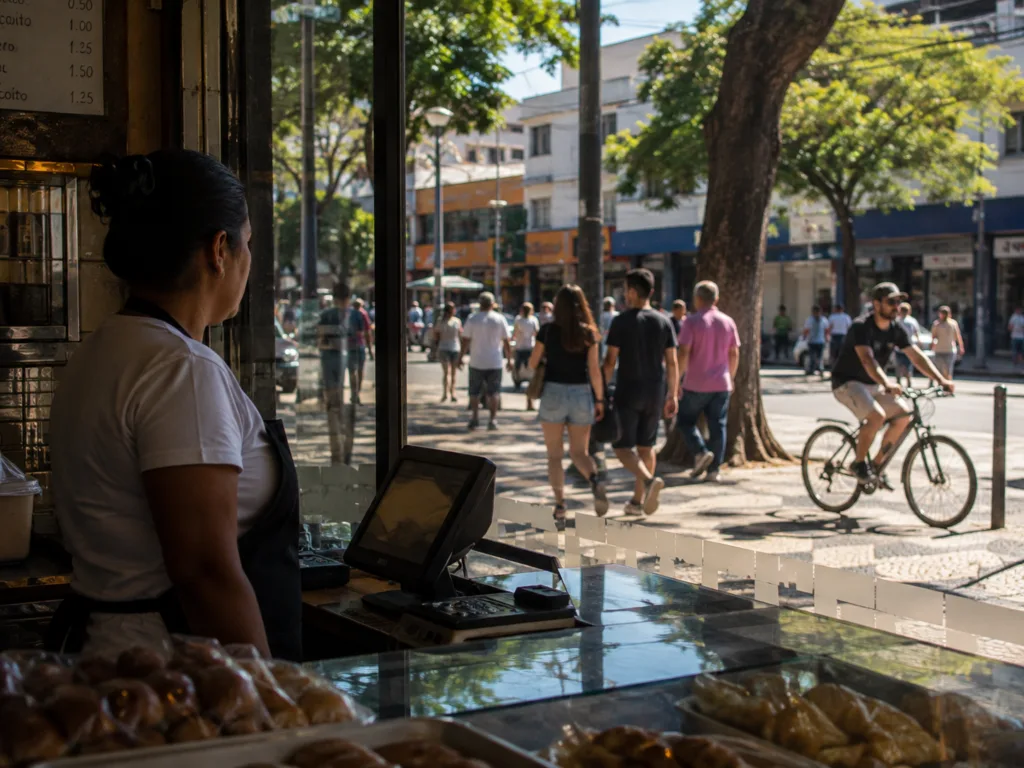 Trabalhadora em estabelecimento observa movimento da cidade pela vitrine